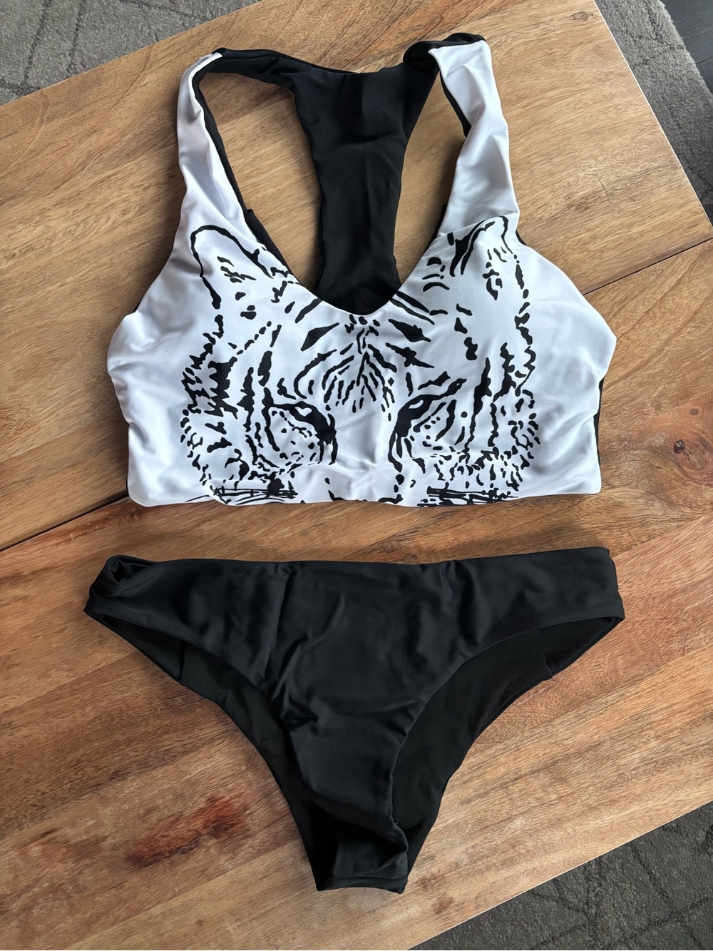 Black & White Tiger Print Racerback Bikini Top with Black Bottom size Small